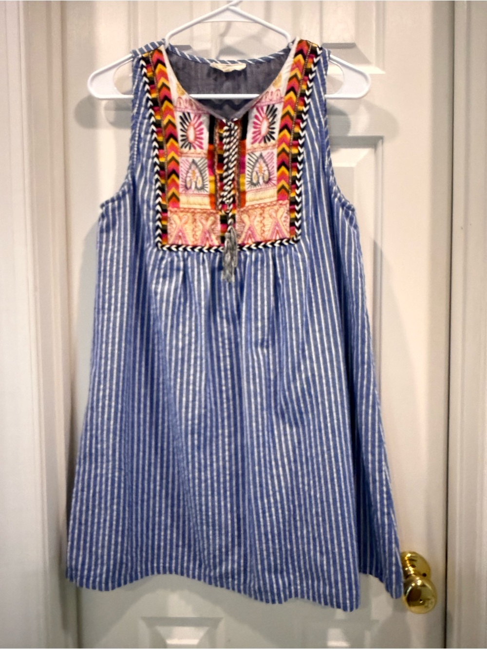 entro Blue and White Striped Dress with Colorful Embroidered Yoke